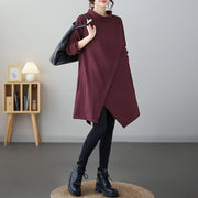 Buddha Stones Winter Irregular Hem Design Mock Neck Cotton Long Sleeve Midi Dress With Pockets - FireBrick - US14，UK/AU18，EU46 (2XL) - image 4