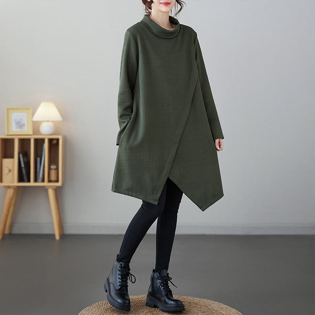 Buddha Stones Winter Irregular Hem Design Mock Neck Cotton Long Sleeve Midi Dress With Pockets - image 2