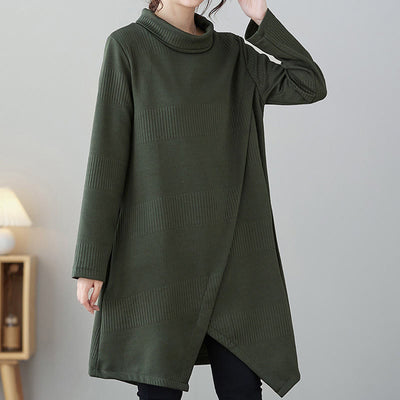 Buddha Stones Winter Irregular Hem Design Mock Neck Cotton Long Sleeve Midi Dress With Pockets - SeaGreen - US14，UK/AU18，EU46 (2XL) - image 0