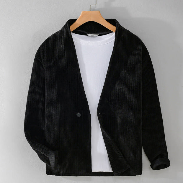 Buddha Stones Commute V-neck Simple Ribbed Texture Design Long Sleeve Men's Jacket - Black - US/UK/AU42，EU52 (3XL) - image 13