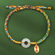 Buddha Stones Handmade Peace Buckle Jade Prosperity 925 Sterling Silver Colorful Rope Bracelet - image 1