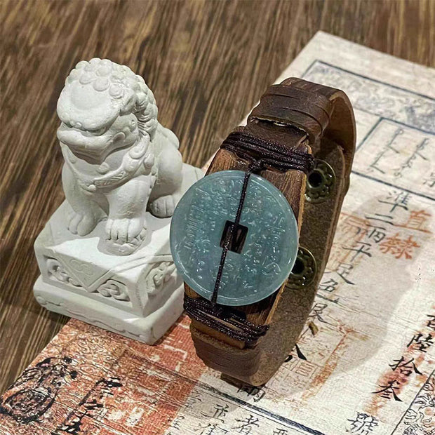 Buddha Stones Jade Mountain Ghosts Spend Money Prosperity Leather Watch Band Bracelet  - Light Jade (Wrist Circumference: 15-18cm) - image 0