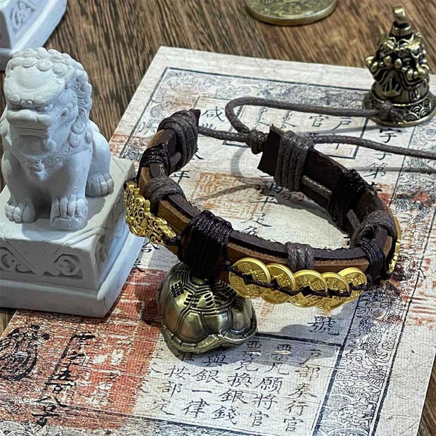 Buddha Stones Five-emperor Coins Pi Xiu Wealth Leather Rope Bracelet  - image 2