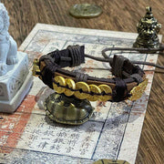 Buddha Stones Five-emperor Coins Pi Xiu Wealth Leather Rope Bracelet  - Five Emperors Coins & PiXiu (Wrist Circumference: 15-19cm) - image 0