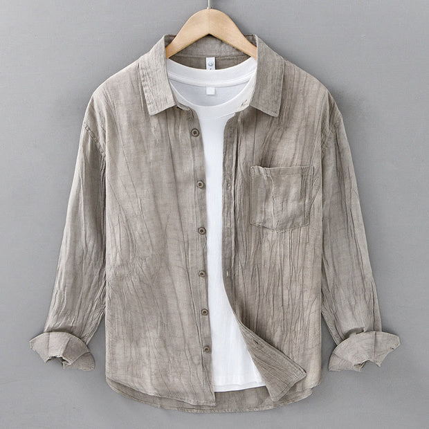 Buddha Stones Solid Long Sleeve Stand Collar Wrinkles Button Down Ramie Linen Men's Shirts - Linen - US/UK/AU42，EU52 (3XL) - image 12