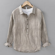 Buddha Stones Solid Long Sleeve Stand Collar Wrinkles Half Button Ramie Linen Men's Shirts - Linen - US/UK/AU42，EU52 (3XL) - image 0