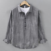 Buddha Stones Solid Long Sleeve Stand Collar Wrinkles Half Button Ramie Linen Men's Shirts - Gray - US/UK/AU42，EU52 (3XL) - image 4