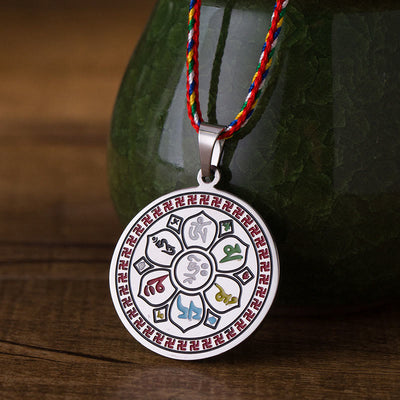 Buddha Stones Colorful Om Mani Padme Hum Titanium Steel Protection Rope Necklace Pendant - Silvery - image 0