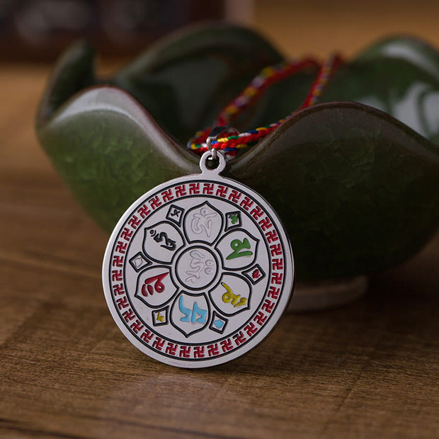 Buddha Stones Colorful Om Mani Padme Hum Titanium Steel Protection Rope Necklace Pendant - image 1