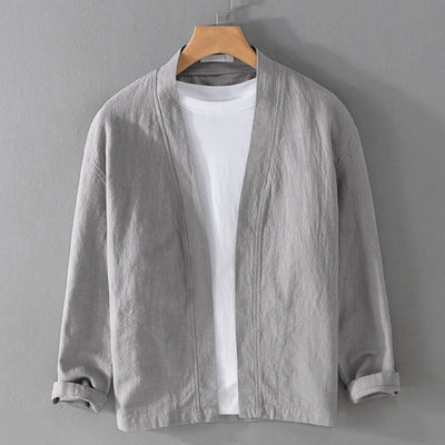 Buddha Stones Simple Long Sleeve Open Front Ramie Cotton Men's Shirts With Pockets - LightGrey - US/UK/AU42，EU52 (3XL) - image 0