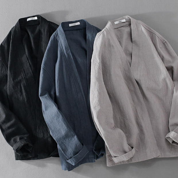 Buddha Stones Simple Long Sleeve Open Front Ramie Cotton Men's Shirts With Pockets - image 27