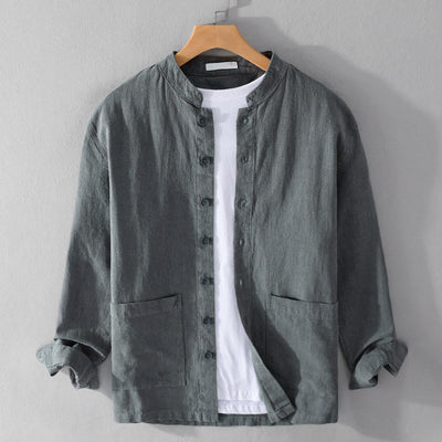 Buddha Stones Solid Long Sleeve Button Down Ramie Cotton Men's Shirts With Pockets - Gray - US/UK/AU42，EU52 (3XL) - image 0