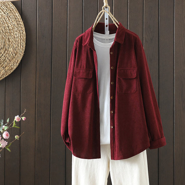 Buddha Stones Corduroy Women's Cotton Long Sleeve Jacket With Pockets - FireBrick - US8-10，UK/AU12-14，EU40-42 (2XL) - image 12