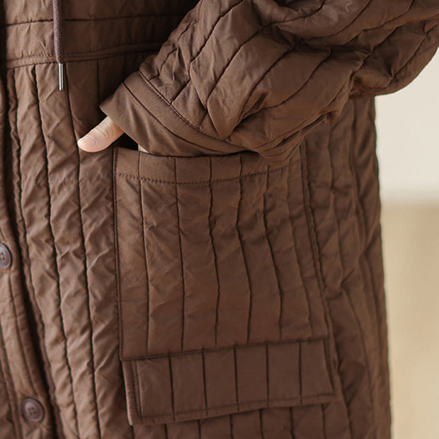 Buddha Stones Plain Notched Women's Cotton Padded Coat With Pockets - image 6