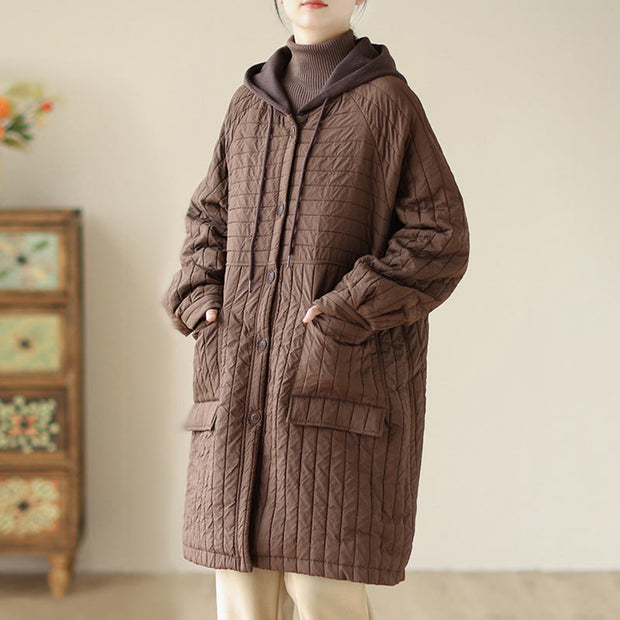 Buddha Stones Plain Notched Women's Cotton Padded Coat With Pockets - image 5