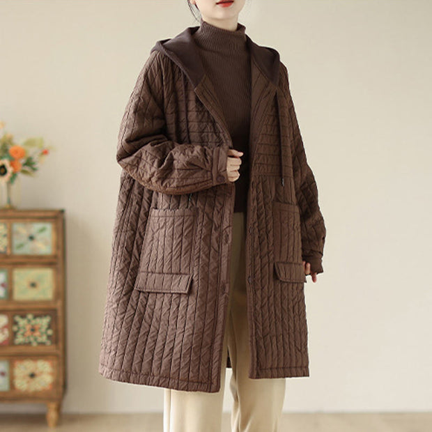 Buddha Stones Plain Notched Women's Cotton Padded Coat With Pockets - image 4