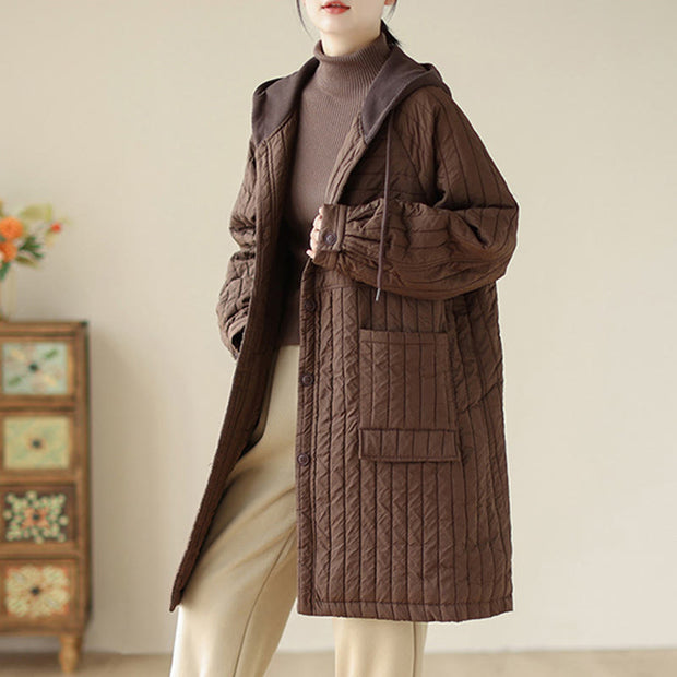 Buddha Stones Plain Notched Women's Cotton Padded Coat With Pockets - image 1