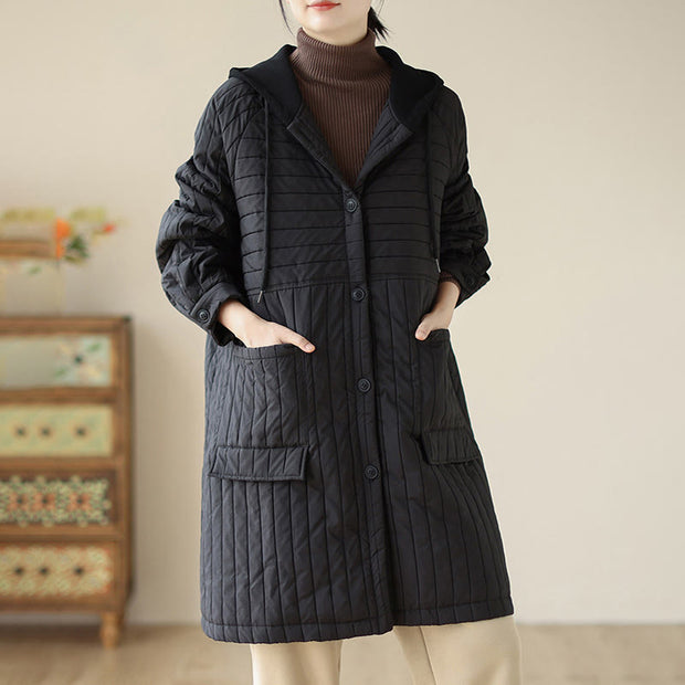 Buddha Stones Plain Notched Women's Cotton Padded Coat With Pockets - image 16