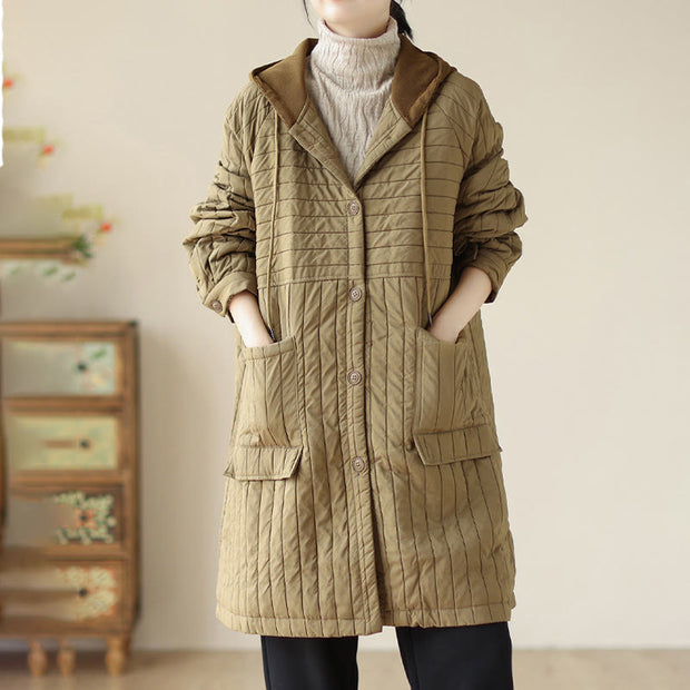 Buddha Stones Plain Notched Women's Cotton Padded Coat With Pockets - image 21