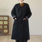 Buddha Stones Plain Buttons Women's Cotton Padded Coat With Pockets - Black - US14，UK/AU18，EU46 (2XL) - image 5