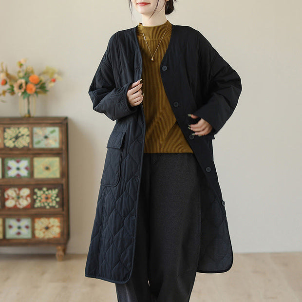 Buddha Stones Plain Buttons Women's Cotton Padded Coat With Pockets - image 8