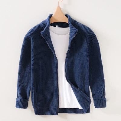 Buddha Stones Winter Solid Color Zipper Knit Cardigan Men's Long Sleeve Cotton Jacket - DarkBlue - US/UK/AU40，EU50 (2XL) - image 0