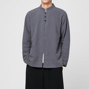 Buddha Stones Chinese Frog-Button Side Slit Men's Long Sleeve Cotton Tang Suit Shirt - image 1