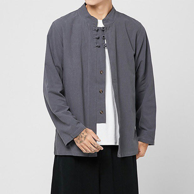 Buddha Stones Chinese Frog-Button Side Slit Men's Long Sleeve Cotton Tang Suit Shirt - image 2