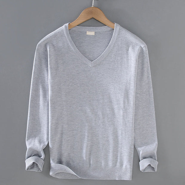 Buddha Stones Solid Color V-Neck Cotton Simple Design Men's Long Sleeve Sweater - Gainsboro - US/UK/AU42，EU52 (3XL) - image 0