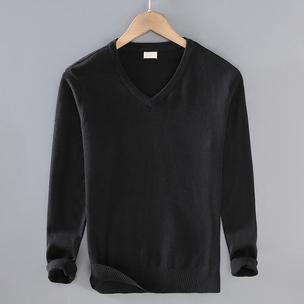 Buddha Stones Solid Color V-Neck Cotton Simple Design Men's Long Sleeve Sweater - Black - US/UK/AU42，EU52 (3XL) - image 9