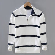 Buddha Stones Color Contrast Striped Half Zipper Design Cotton Men's Long Sleeve Sweater - White MidnightBlue Stripe - US/UK/AU42，EU52 (3XL) - image 1