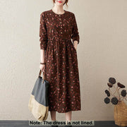 Buddha Stones Commute Floral Drawstring Women's Long Sleeve Cotton Midi Dress With Pockets - image 32