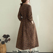 Buddha Stones Commute Floral Drawstring Women's Long Sleeve Cotton Midi Dress With Pockets - image 11
