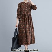 Buddha Stones Commute Floral Drawstring Women's Long Sleeve Cotton Midi Dress With Pockets - image 1