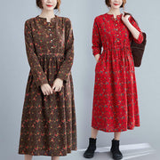 Buddha Stones Commute Floral Drawstring Women's Long Sleeve Cotton Midi Dress With Pockets - image 33