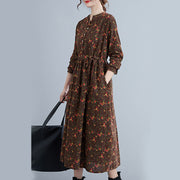 Buddha Stones Commute Floral Drawstring Women's Long Sleeve Cotton Midi Dress With Pockets - image 2