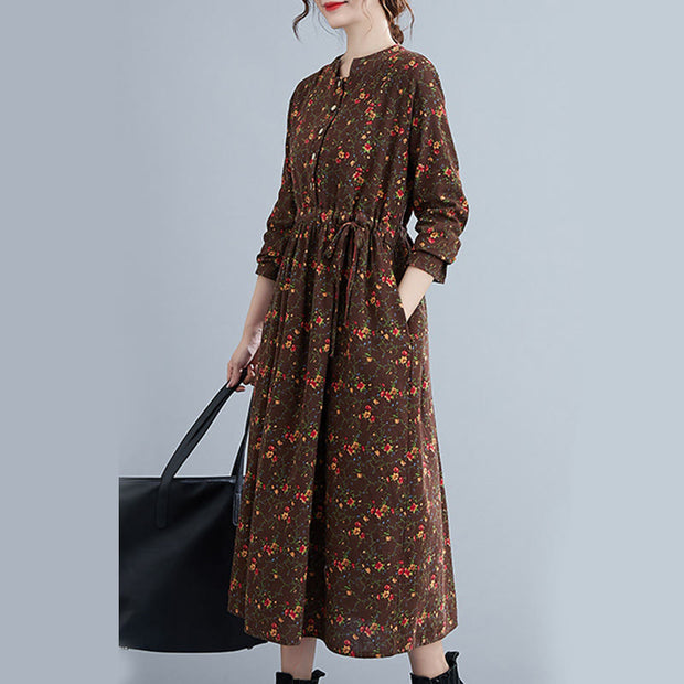 Buddha Stones Commute Floral Drawstring Women's Long Sleeve Cotton Midi Dress With Pockets - image 2