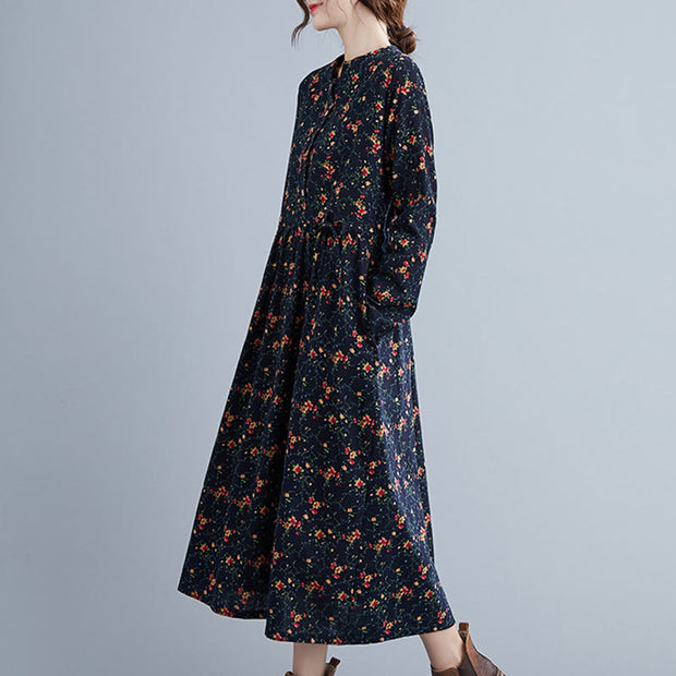 Buddha Stones Commute Floral Drawstring Women's Long Sleeve Cotton Midi Dress With Pockets - image 16