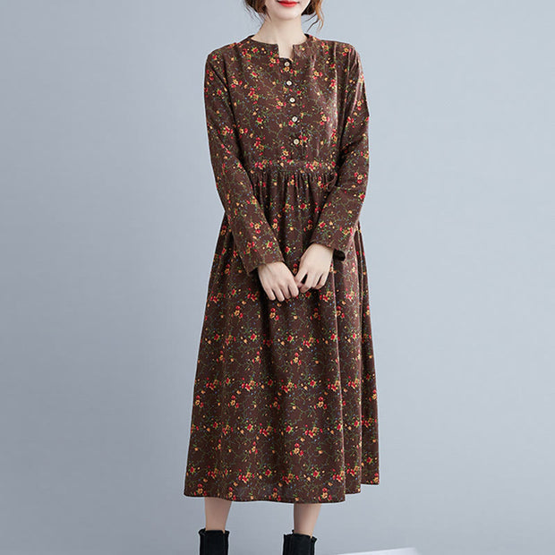 Buddha Stones Commute Floral Drawstring Women's Long Sleeve Cotton Midi Dress With Pockets - image 5