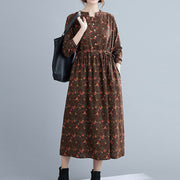 Buddha Stones Commute Floral Drawstring Women's Long Sleeve Cotton Midi Dress With Pockets - SaddleBrown - US12，UK/AU16，EU44 (3XL) - image 0
