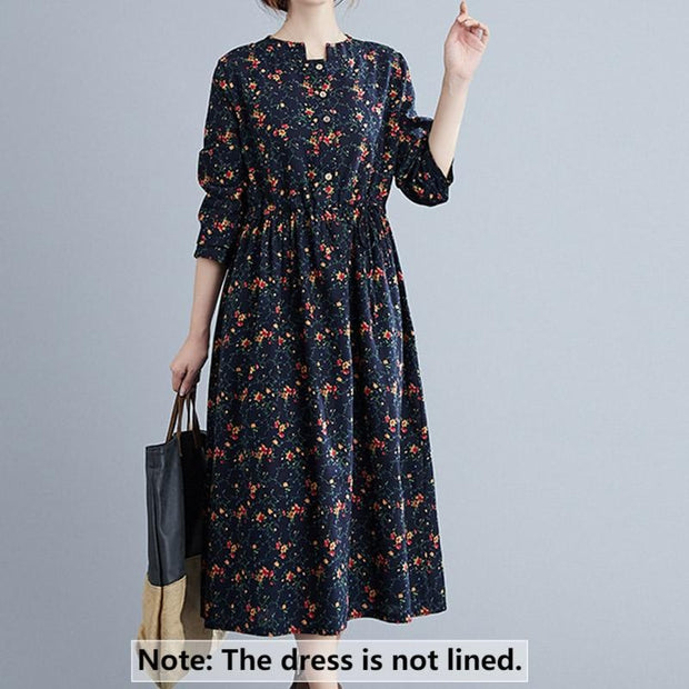 Buddha Stones Commute Floral Drawstring Women's Long Sleeve Cotton Midi Dress With Pockets - image 13