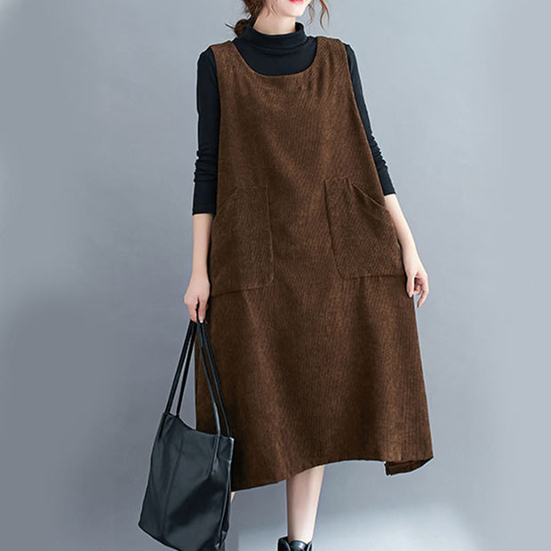 Buddha Stones Commute Solid Color Crew Neck Women's Sleeveless Cotton Midi Dress With Pockets - image 3