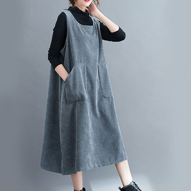 Buddha Stones Commute Solid Color Crew Neck Women's Sleeveless Cotton Midi Dress With Pockets - image 26