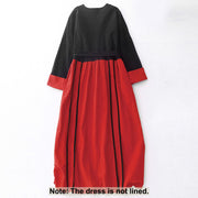 Buddha Stones Color Block Lace-Up Desgin Women's Long Sleeve Midi Dress With Pockets - image 1