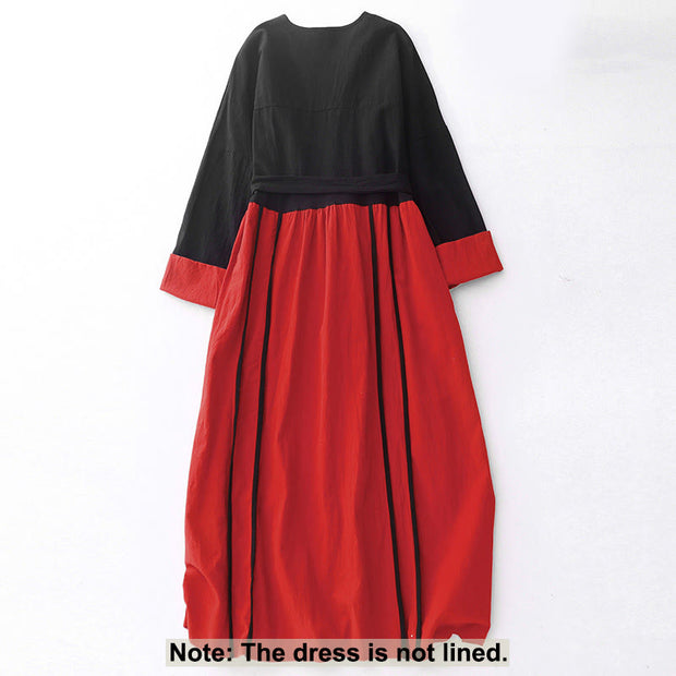 Buddha Stones Color Block Lace-Up Desgin Women's Long Sleeve Midi Dress With Pockets - image 1