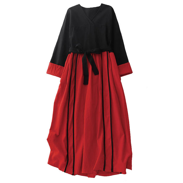 Buddha Stones Color Block Lace-Up Desgin Women's Long Sleeve Midi Dress With Pockets - image 11