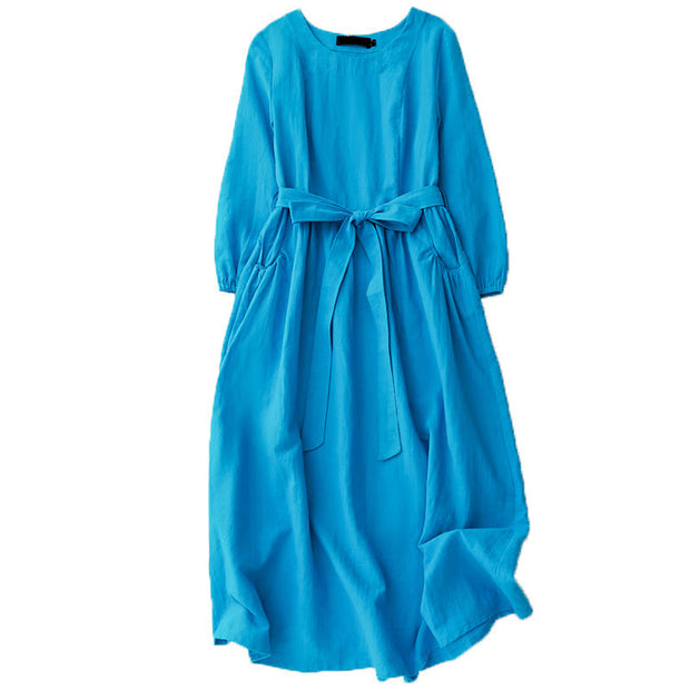 Buddha Stones Plain Long Sleeve Lace-up Desgin Women's Cotton Midi Dress With Pockets - image 10