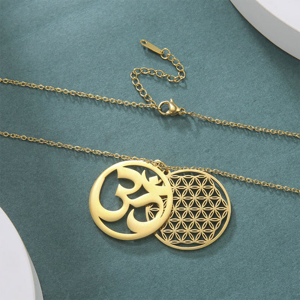 Buddha Stones Om Symbol Hollow Flower Design Stainless Steel Connection Necklace Pendant - image 8