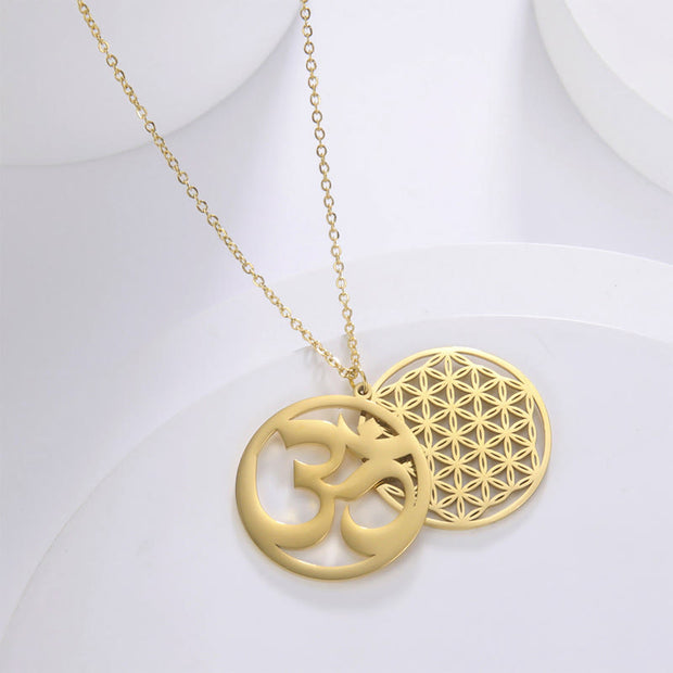 Buddha Stones Om Symbol Hollow Flower Design Stainless Steel Connection Necklace Pendant - image 9
