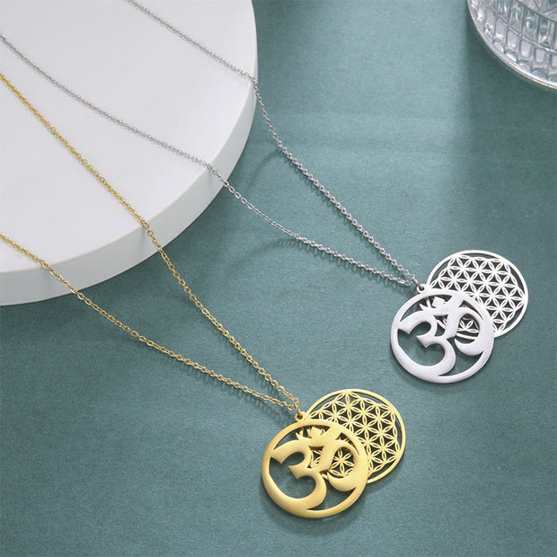 Buddha Stones Om Symbol Hollow Flower Design Stainless Steel Connection Necklace Pendant - image 15